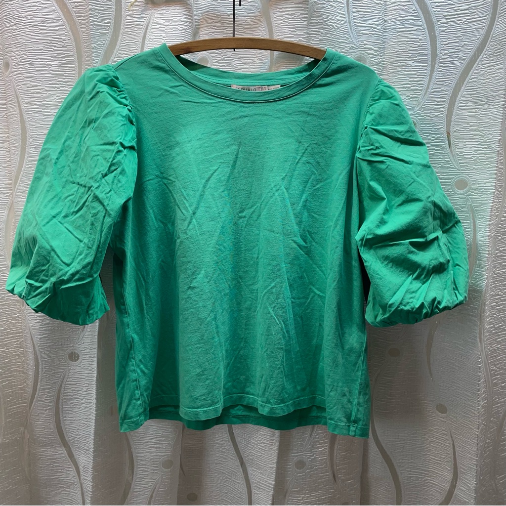 Esqualo Puff Sleeve Top Women Size M / Kids Xl Green Cotton Crew Neck Sp23.30016